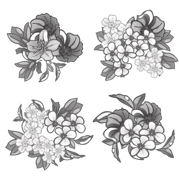 Wzór Monochromatycznych Kwiatów Elementy Kwiatowe Kolorze Czarno Białym — Wektor stockowy