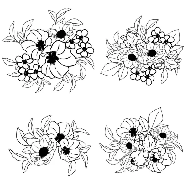 Patrón Flores Monocromáticas Elementos Florales Engastados Blanco Negro — Vector de stock