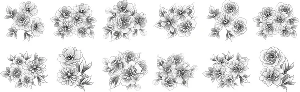 Tek Renkli Çiçek Deseni Çiçek Elementleri Siyah Beyaz Olarak Ayarlandı — Stok Vektör