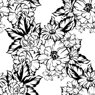 Çiçeksiz arka planın vektör çizimi. soyut beyaz ve siyah çiçekler.