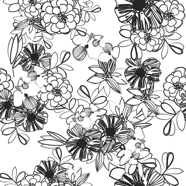 Vektorillustration Des Floralen Nahtlosen Hintergrunds Abstrakte Weiße Und Schwarze Blüten — Stockvektor