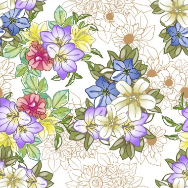 Renkli ve açık kahverengi doğrusal çiçek elementleriyle hassas renk deseni