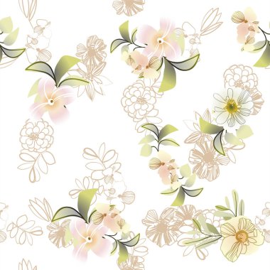 Renkli ve açık kahverengi doğrusal çiçek elementleriyle hassas renk deseni