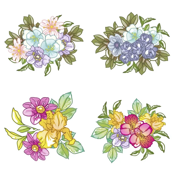Набор Красивого Цветочного Дизайна Цветами Листьями — стоковый вектор