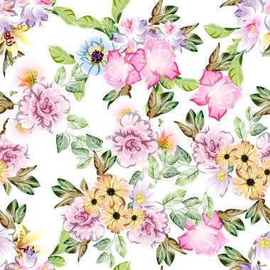 Çiçekler, yapraklar, tomurcuklar ve diğer elementlerle sulu boya deseni.