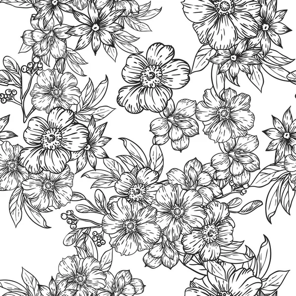 Naadloze Vintage Stijl Bloemenpatroon Floral Elementen Zwart Wit — Stockvector