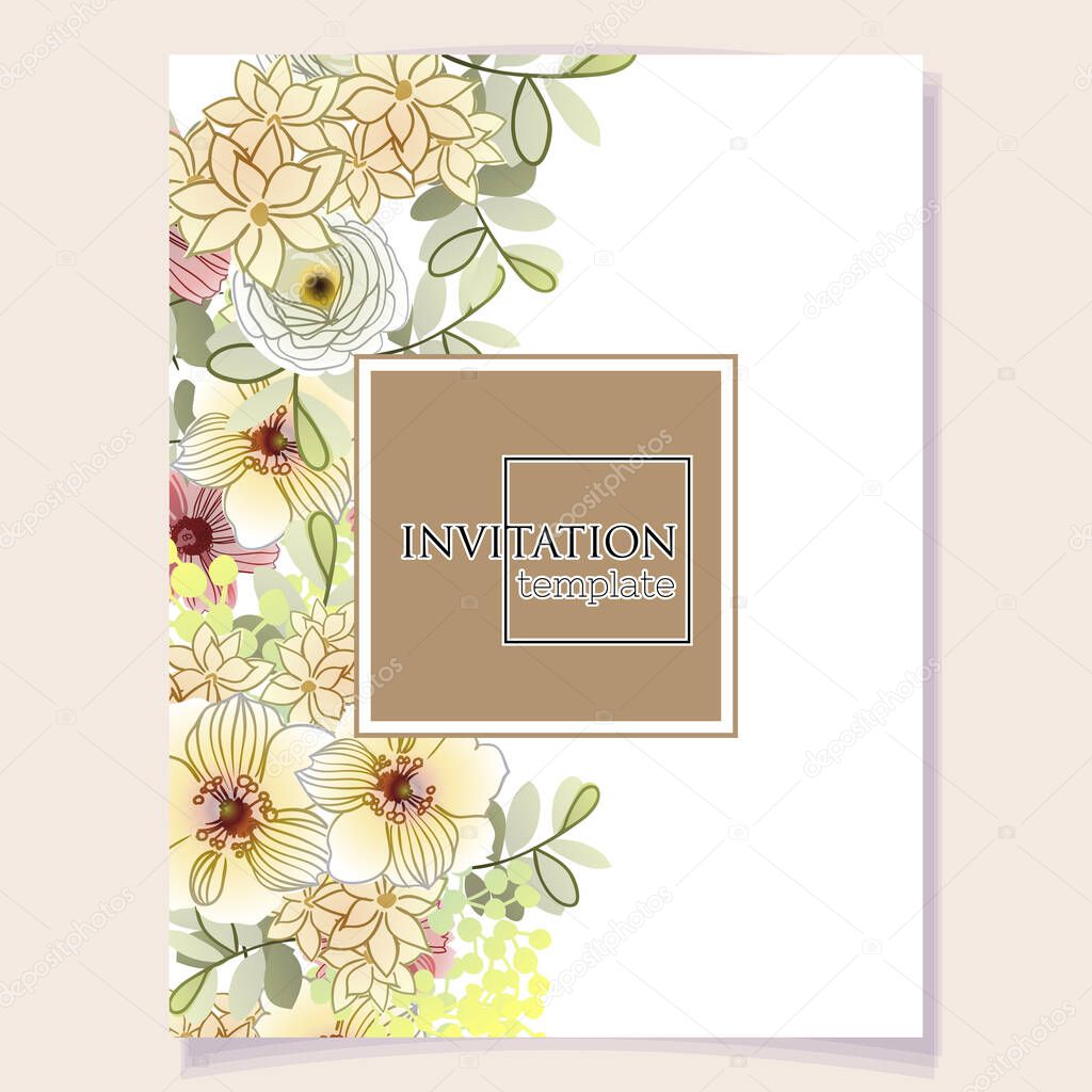 Vintage delicate greeting invitation card template design with flowers for wedding, marriage, bridal, birthday, Valentine's day. Romantic vector illustration.