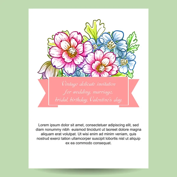 Delicate invitation with flowers for wedding — Stock Vector