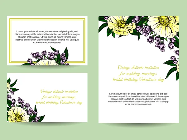 Delicada invitación con flores para la boda — Vector de stock