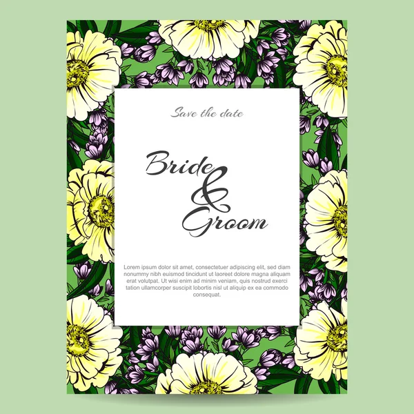 Invitation délicate avec des fleurs pour mariage — Image vectorielle