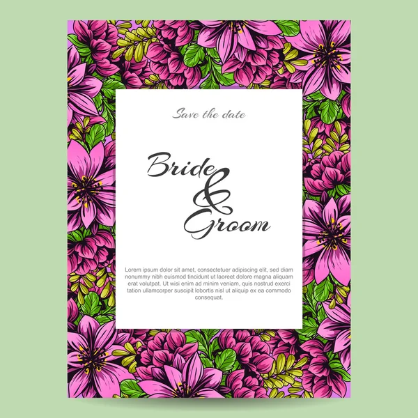 Delicada invitación con flores para la boda — Vector de stock