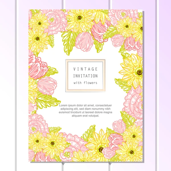 Delicada invitación con flores para la boda — Vector de stock