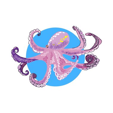 Beyaz arka planda ahtapot pembe renkli, komik ahtapot. Hayvan suluboya siluet çizimi. El çizimi resim çizimi. Kumaş, tişört, kartpostal, tebrik kartı, kitap, poster, çıkartma için grafik