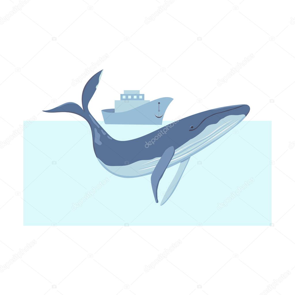 A blue whale in the ocean. On a ship with an anchor raised, they watch a floating whale. The whale's head and tail appeared out of the water. World whale day, vector illustration. Liberty and save whale. World oceans day.