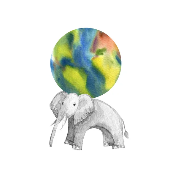 Белый Слон Держит Планету Спине Ручной Рисунок Кистью Акварельными Красками — стоковое фото