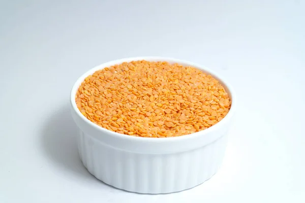 Red Lentils White Backround White Ceramic Bowl — Stock Photo, Image