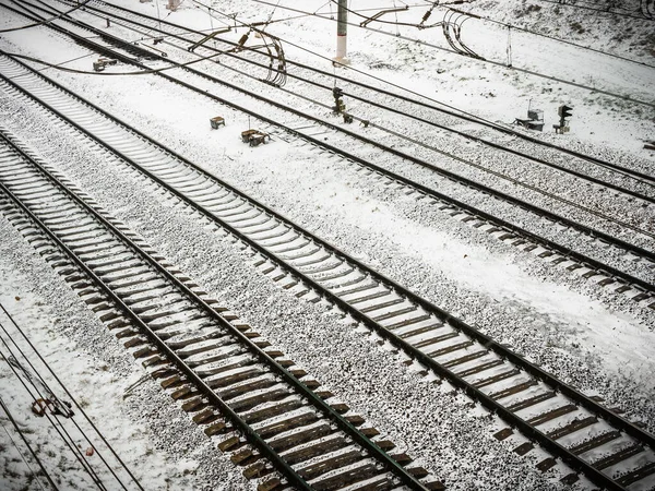 Trilha Ferroviária Coberta Neve Inverno Vista Superior Fundo Inverno Espaço — Fotografia de Stock