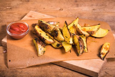 Ahşap bir tahta üzerinde, ahşap bir masanın üzerinde, yakın planda pişirilmiş patates dilimleri ve sos.