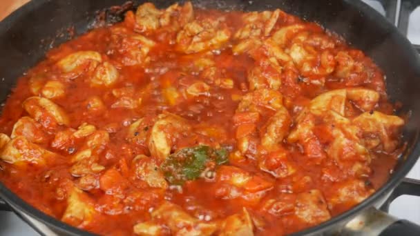 Pollo Curry Una Salsa Picante Con Cebollas Zanahorias Tomate Hierve — Vídeo de stock