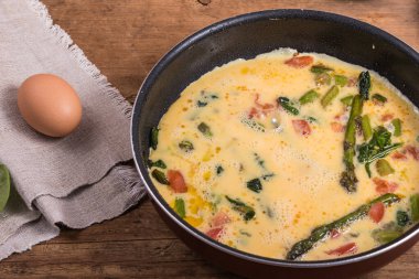 Kuşkonmaz, domates ve ıspanakla omlet pişirmek - tavaya kuşkonmaz, domates ve ıspanakla karışık yumurta dökmek.