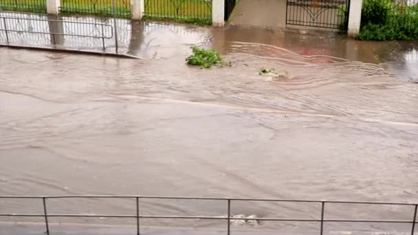 Regenguss Der Stadt Wasser Überflutete Die Fahrbahn Draufsicht — Stockvideo