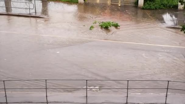 Downpour Staden Översvämmad Stadsgata Längs Vilken Bilar Kör Ovanifrån — Stockvideo