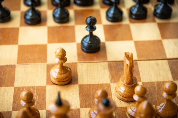 Old Street Chess Start Game Top View Close Selective Focus — Stock Photo, Image