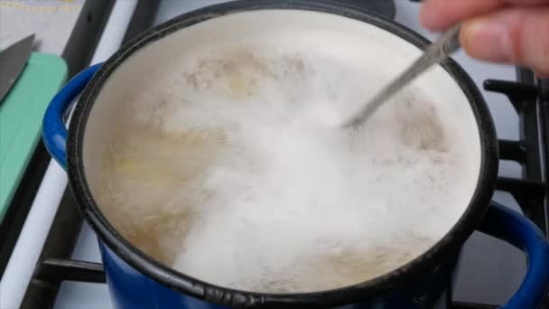 煮意大利面 吉兰多利是用平底锅煮的 — 图库视频影像