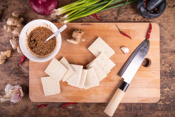 Ingredientes Para Hacer Tofu Frito Caliente Trozos Tofu Salsa Semillas — Foto de Stock