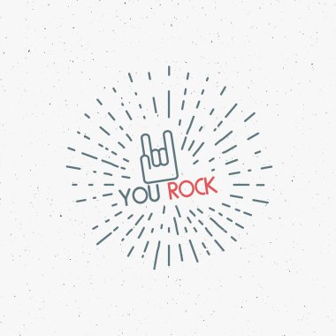 Distressed color poster with rock hand sign You Rock. Tattoo vintage design, sunburst, label Outline. Rock and roll emblem. Retro background