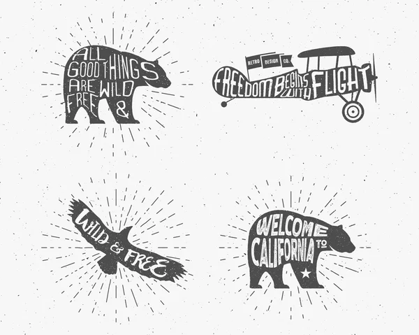 Set of Vintage silhouette hand drawn lettering slogans. Retro monochrome animal design with inspirational typography. Bear, eagle, airplane. Motivation text. Wild and free background. Sunburst. Vector — Stockvector