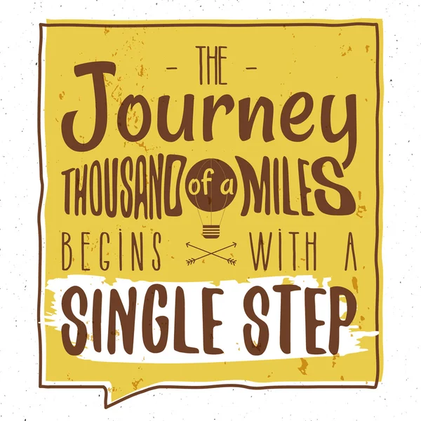 Retro typography Background with typographical quote - A Journey of a thousand miles begins with a single step. Vector design. Hand drawn Lettering poster with arrows, sunburst. Isolated quote form — 스톡 벡터