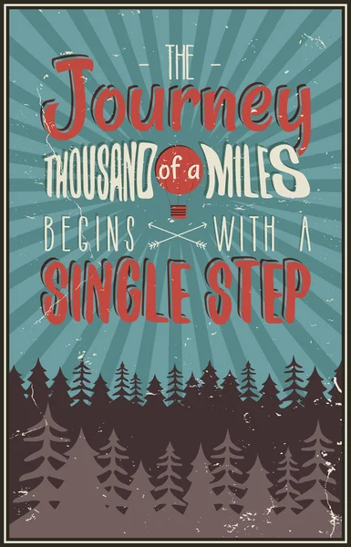 Retro travel typography poster with typographical quote - A Journey of a thousand miles begins with a single step. Vector design. Hand drawn Lettering poster with mountains, balloon, trees, sunbursts — 스톡 벡터