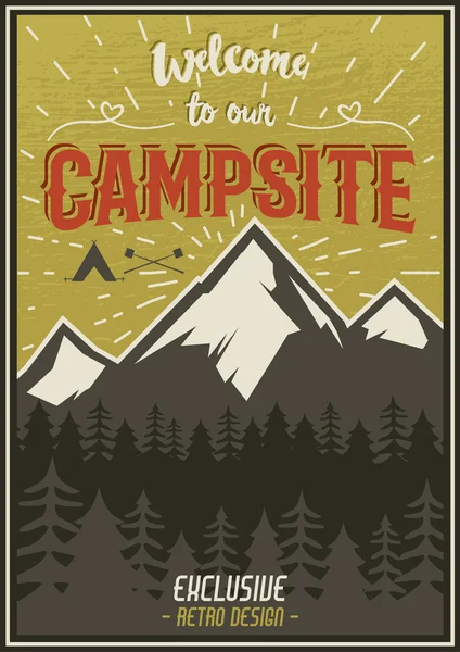 Retro travel typography poster with camping symbols - tent, mountains, forest. Vector typography design. Hand drawn Lettering poster with mountain, sunbursts for website or print — Archivo Imágenes Vectoriales