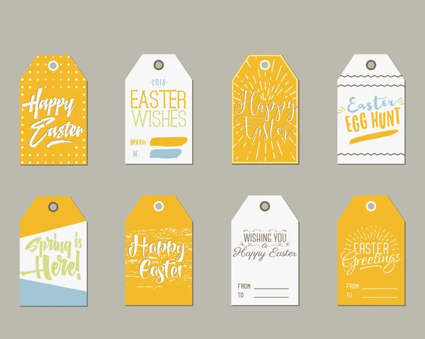 Set of Happy Easter Gift Tags with Ink Lettering signs, Overlay labels Black, white and gold palette. Perfect for Easter presents and gifts. Vector easter emblems. Pastel Colors — Wektor stockowy