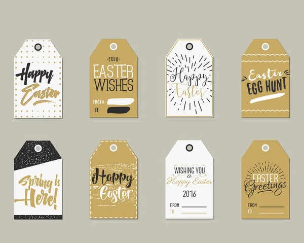 Set of Happy Easter Gift Tags with Ink Lettering signs, Overlay labels Black, white and gold palette. Perfect for Easter presents and gifts. Vector easter emblems. — Stock Vector