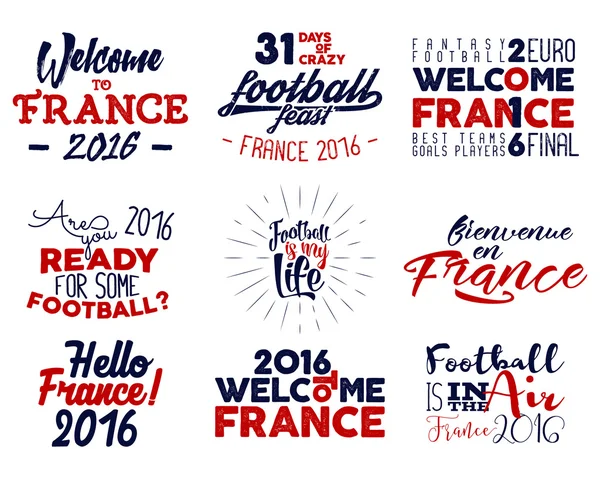 Футбол Франция Европы 2016 этикетки, футбол оверлеи, логотип турнира. Чемпионат, Лига ручной надписи дизайн для презентации, брошюры, флаера, Спортивное оборудование, web, печати, продажи, личность — стоковый вектор