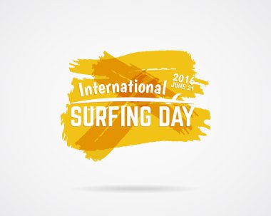 Yaz sörf gün grafik öğeleri. Vektör tatil tipografi amblemi. Sörfçü parti etiketi ile sörf sembolleri - sörf tahtası ve suluboya mürekkep splash arka plan üzerinde işareti. Web için kullan veya t forması yazdırma