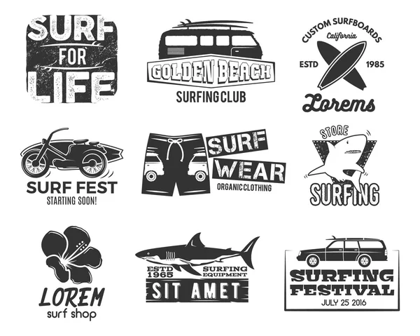 Vintage sörf grafik ve amblemler için web tasarım kümesi veya yazdırabilirsiniz. Sörfçü, beach tarzı logo tasarımı. Sörf rozeti. Sörf tahtası mühür, öğeleri, sembolleri. Dalgalar üzerinde yatılı yaz. Vektör hipster tişört tasarımı