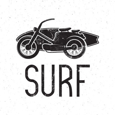 Vintage Surfing tee design. Retro Surf fest t-shirt Graphics and Emblem for web design or print. Surfer motorcycle logo design. Surf Badge. Surfboard seal, elements, symbols. Monochrome. Vector