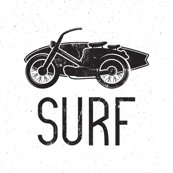 Vintage Surfing tee design. Retro Surf fest t-shirt Graphics and Emblem for web design or print. Surfer motorcycle logo design. Surf Badge. Surfboard seal, elements, symbols. Monochrome. Vector