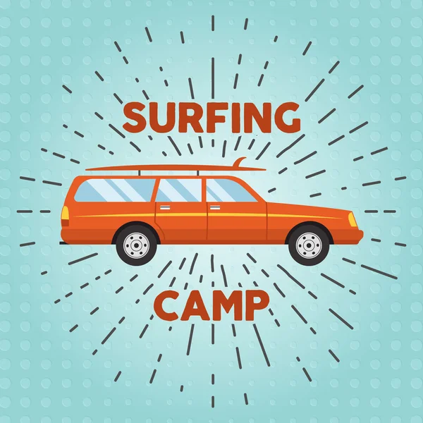 Vector retro flat web banner design on surfing, best summer vacation, beach recreation, water activities for travel agency promotion with woody surf car, surfboards. Vintage car with sunbursts — Stockvektor