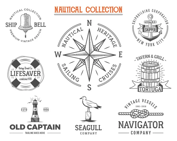 Набор старинных морских марок. Старый корабль в стиле ретро. Парусный спорт ярлыки, эмблемы иллюстрации. графические символы - канат, Роза ветров, якорь. Эскиз дизайн вектор. Образ жизни приключение — стоковый вектор
