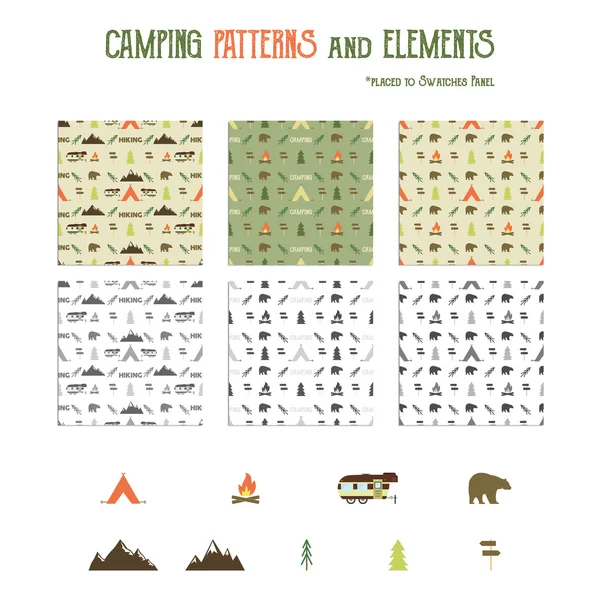 Camping patterns and hiking elements set - tent, bear, bonfire, van trailer, mountains. Travel seamless wallpaper design. Equipment for camping symbols. Use as Adventure pattern in web projects, print — Stock Vector