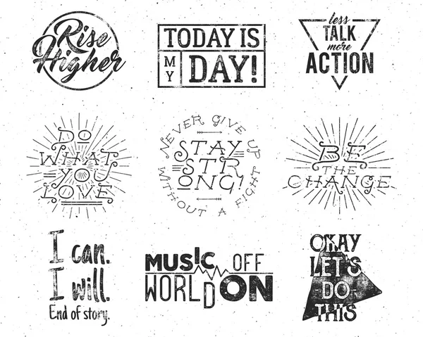 Citações de estilo de vida inspirador tipografia definir rótulos de estilo retro de motivação. Vector angustiados textos para projetos web, tee design, impressão de t-shirt. Mão lettering coleção gráfica do hipster slogans — Vetor de Stock