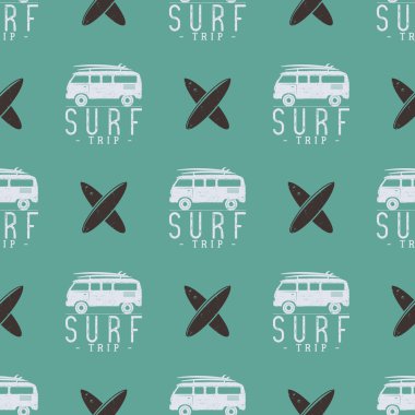 Surfing trip pattern design. Summer seamless with surfer van, surfboards. Monochrome combi car. Vector illustration. Use for fabric printing, web projects, t-shirts or tee designs. Retro colors