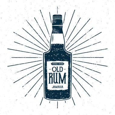 Retro rum bottle label design. Vintage alcohol badge, typography poster for tee , printing t-shirt, web projects. With grunge distressed effects and star burst elements. Isolated
