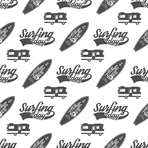 Surfing day pattern design. Summer seamless  with surfer van, surfboards. Monochrome combi car. Vector illustration. Use for fabric printing, web projects, t-shirts or tee designs — Stockvector