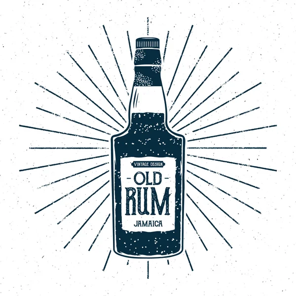 Retro rum bottle label design. Vintage alcohol badge, typography poster for tee , printing t-shirt, web projects. With grunge distressed effects and star burst elements. Isolated — Archivo Imágenes Vectoriales