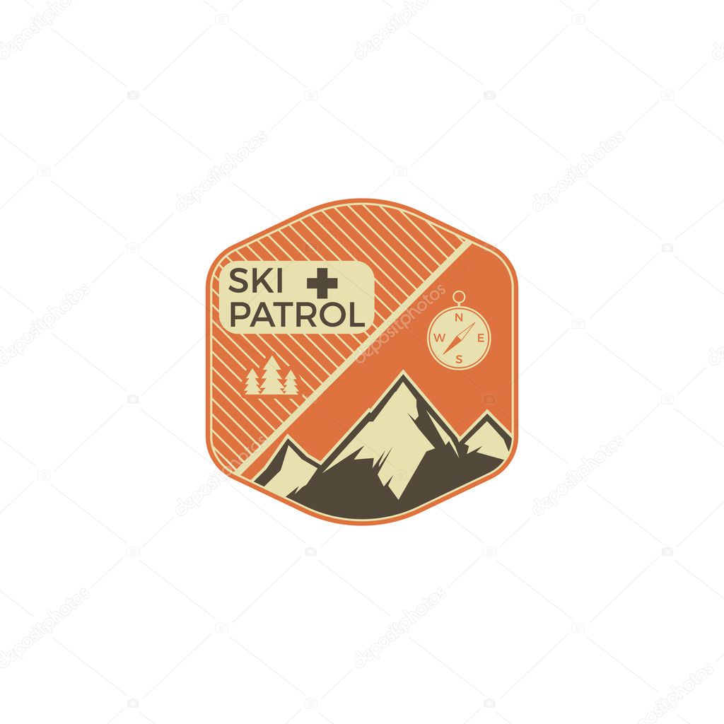 Camping Label. Vintage Mountain ski patrol patch. Outdoor adventure logo design. Travel retro and hipster color insignia. Adventure badge design. Wilderness emblem and badge. Vector